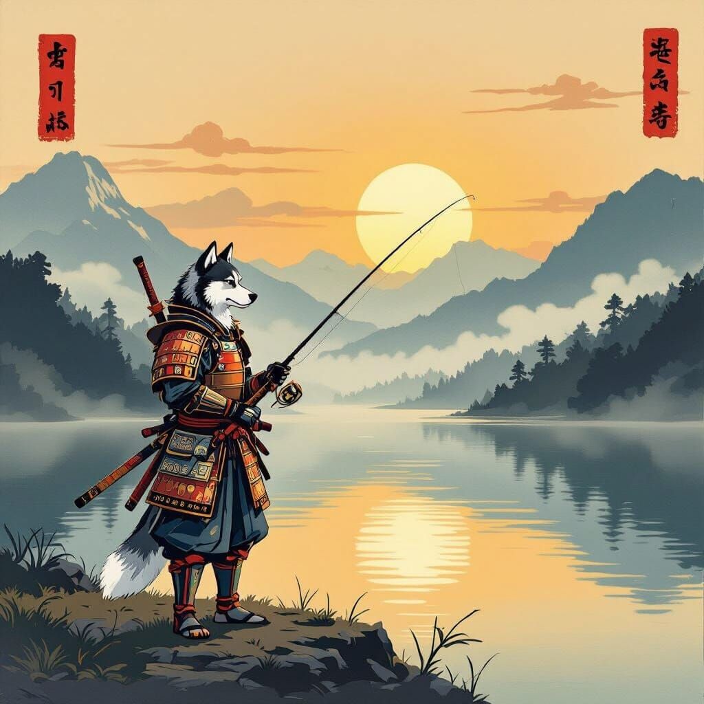 Armored Husky by Misty Mountain Lake at Dawn