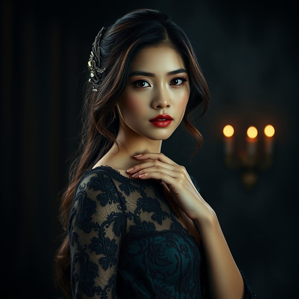Elegant Woman in Emerald Black Lace, Cinematic Setting