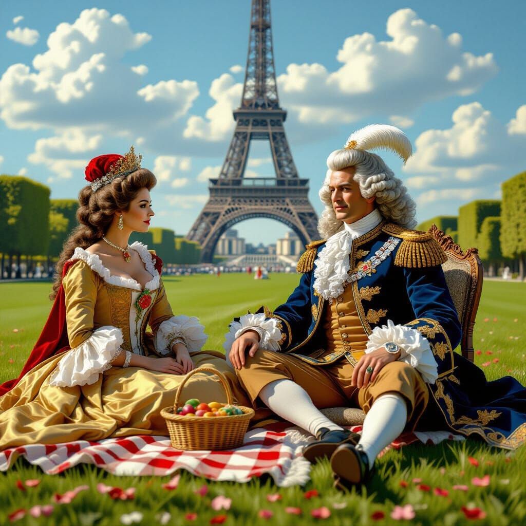 Louis XIV Picnic near Eiffel Tower in Hyperrealism