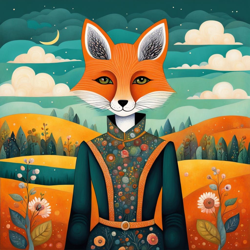 Fox-Headed Woman in Dreamlike Naive Art