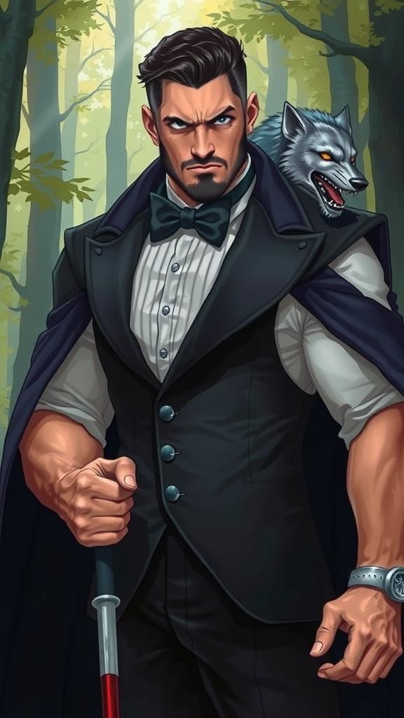 Annoyed Man in Tuxedo with Wolf Cane
