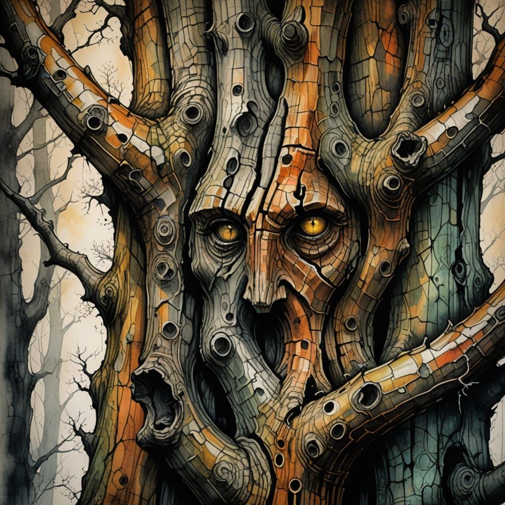 Intricate, Hyper-Realistic Oak Tree with Hidden Face in Tria...