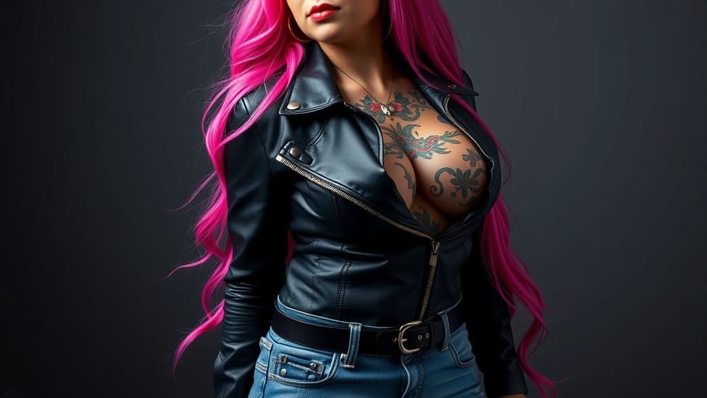 Confident Curvy Beauty with Vibrant Pink Hair and Intricate ...