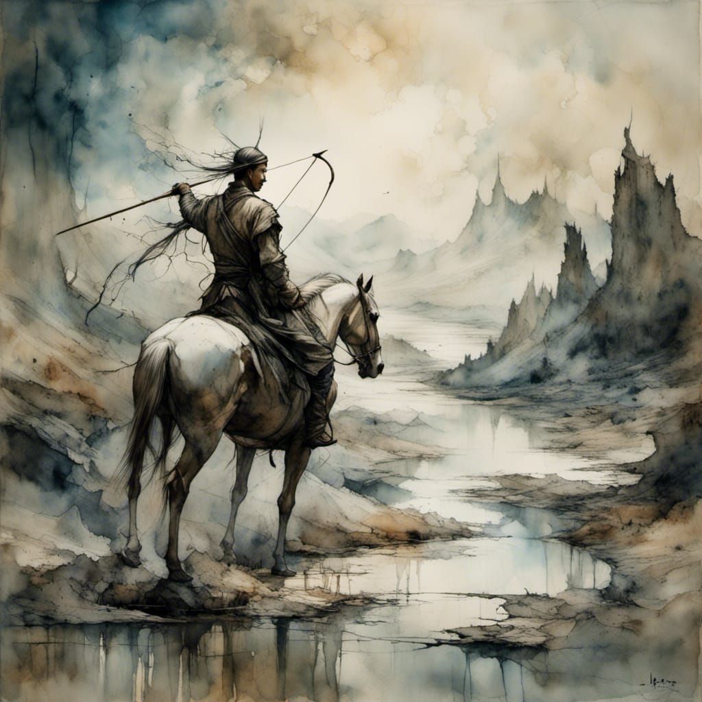 Mongolian Horseman with Bow and Arrow on Steppe