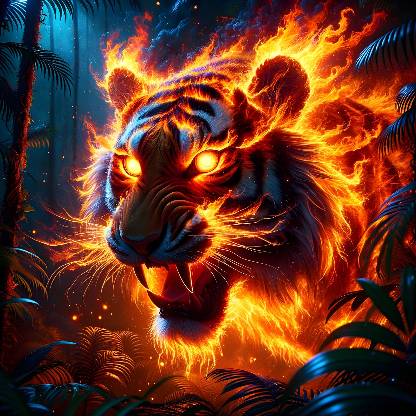 Flaming Tiger Roaring in a Jungle at Night