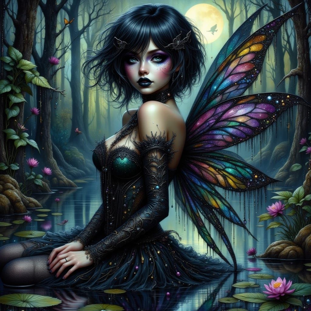 Gothic Fairy in Moonlit Pond Dark Fantasy Art