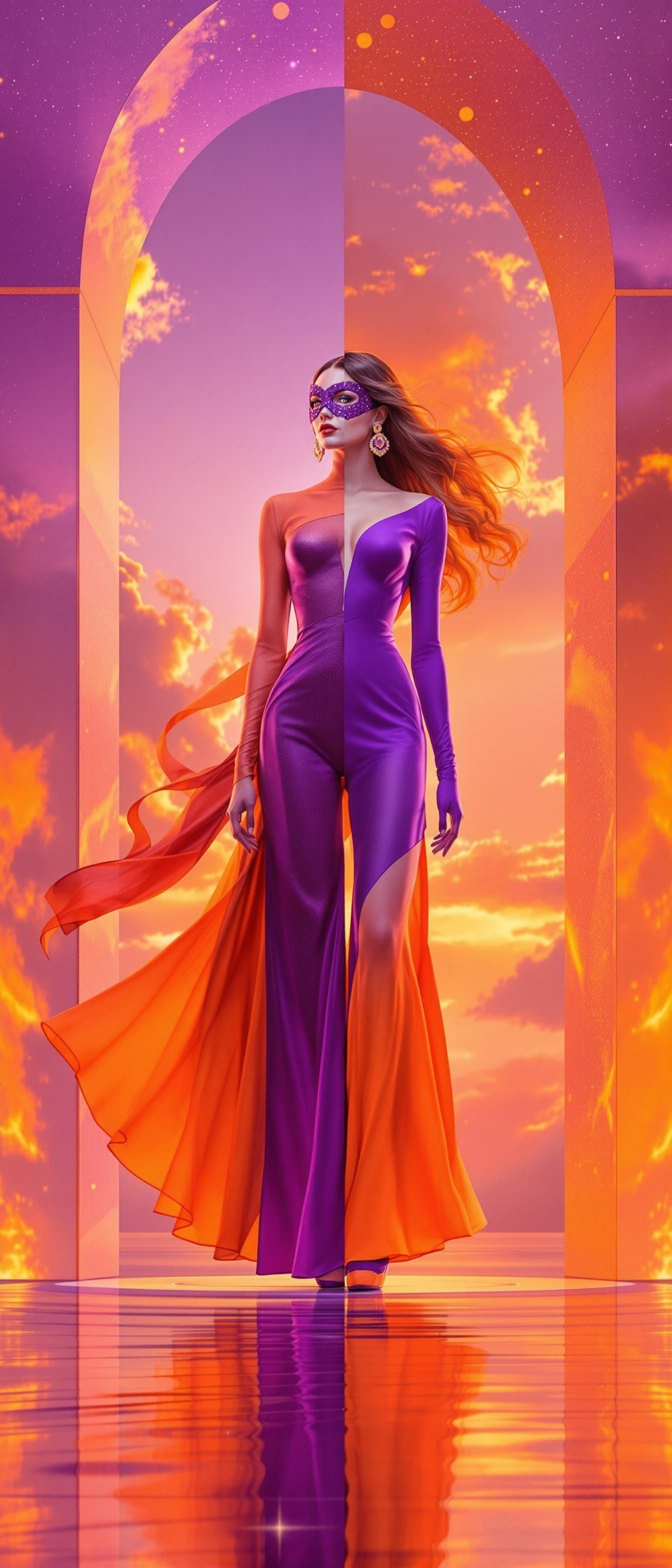 Split-Colored Lady in Purple and Orange Landscape