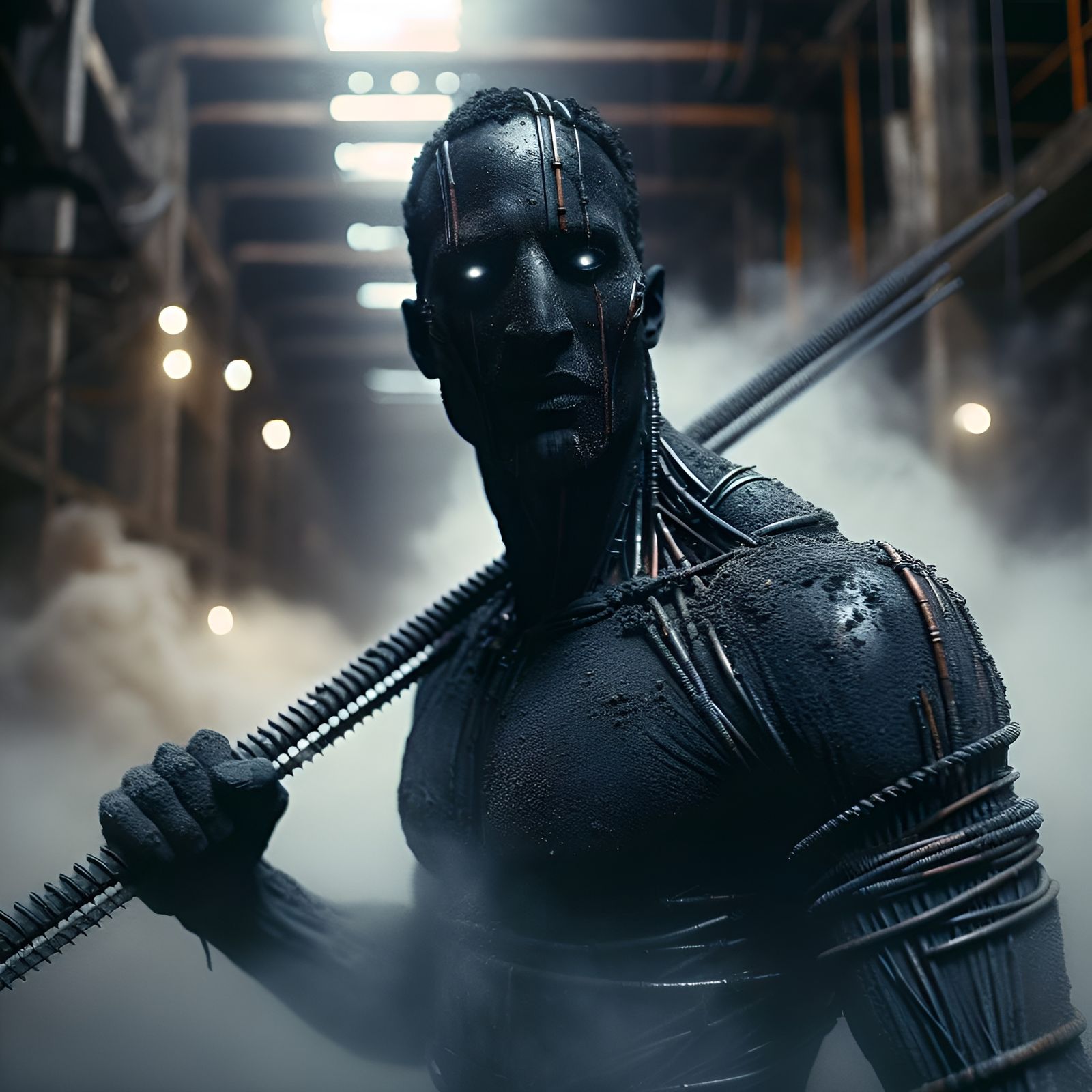 Dystopian Rebar Warrior in Fog, Romantic Painting Style