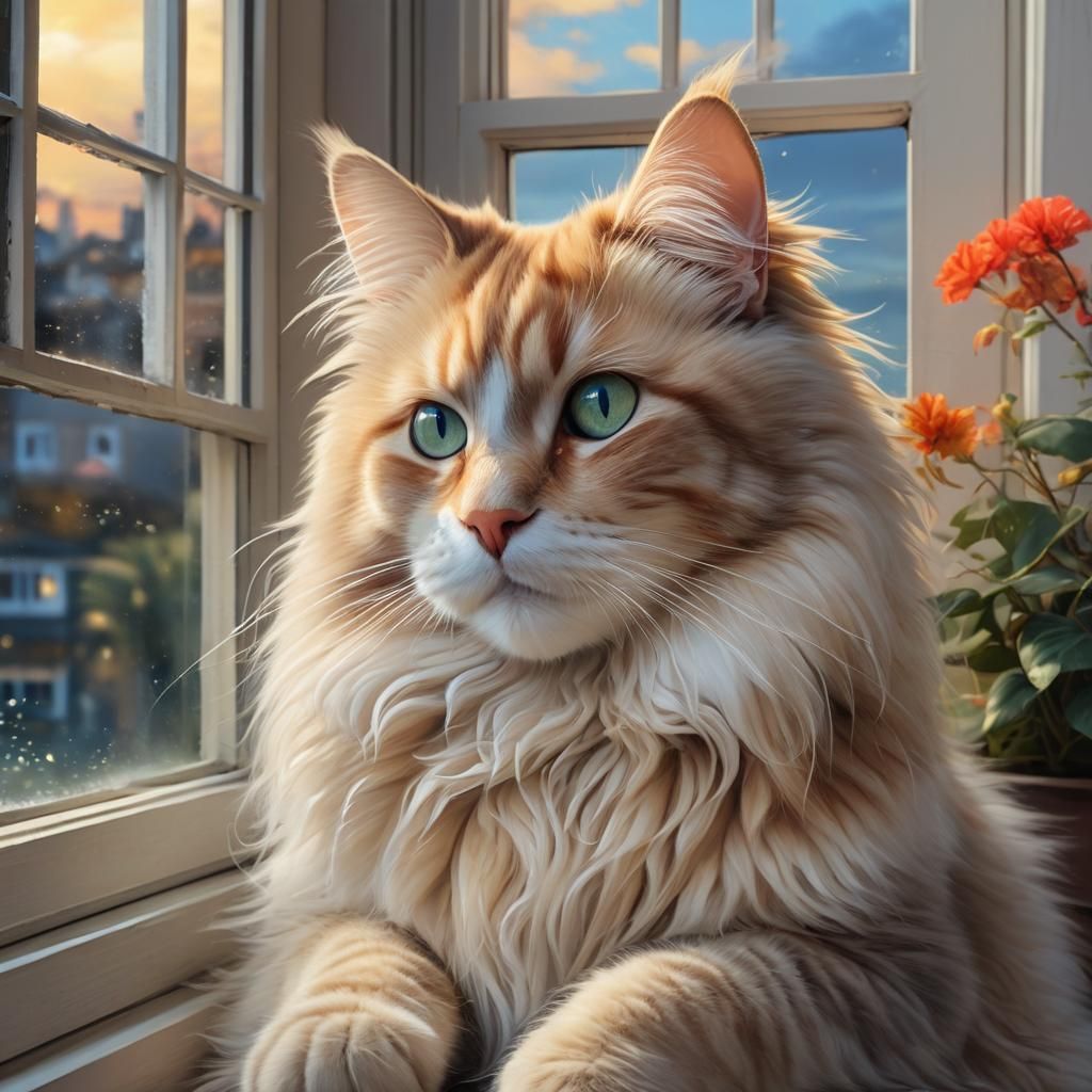 Luminescent Ocean View with Longhaired Cat