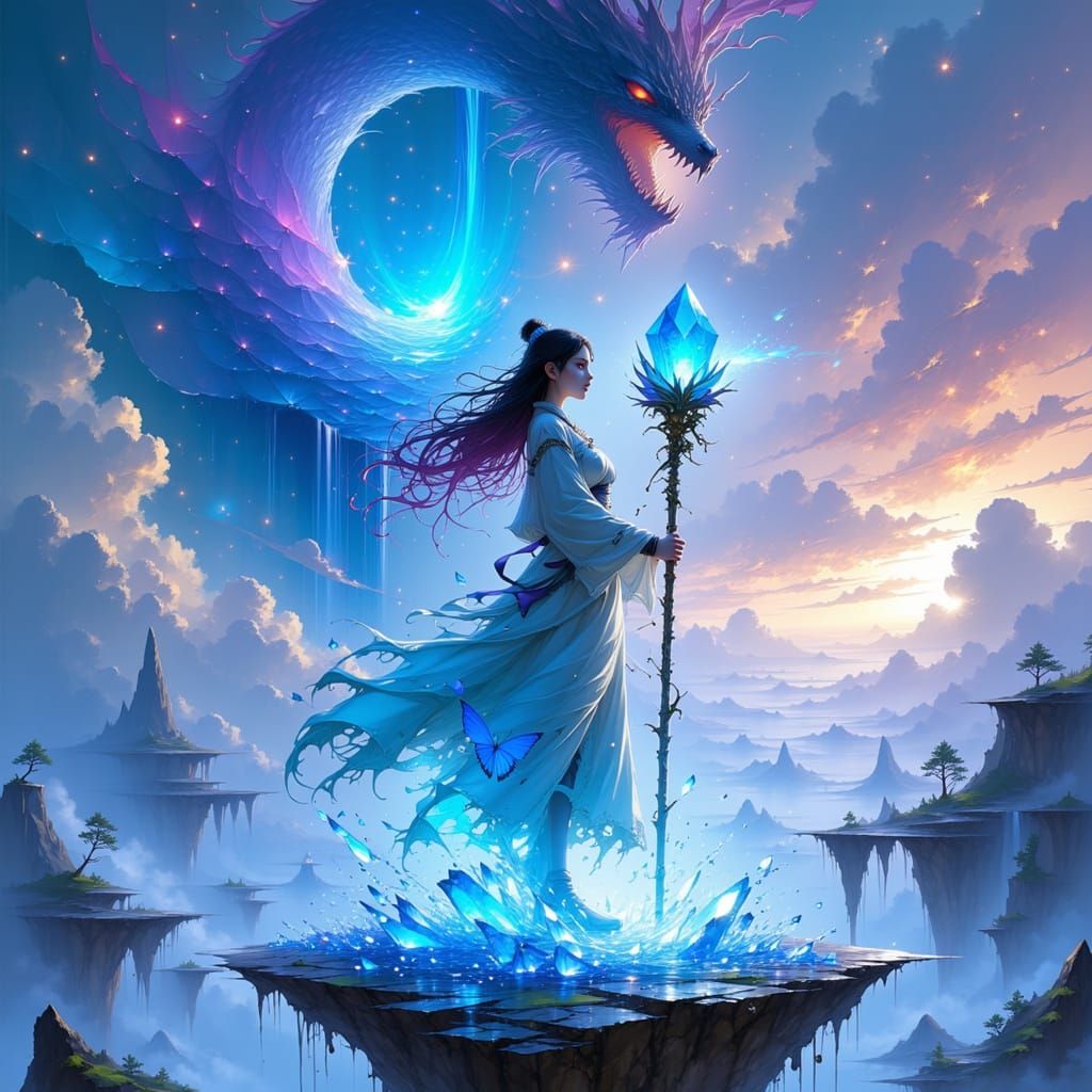 Anime Crystal Summoner Conjures Ethereal Dragon on Floating ...