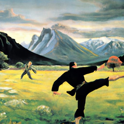 Dynamic Martial Artist Kick on Grassland, Comic Book Style