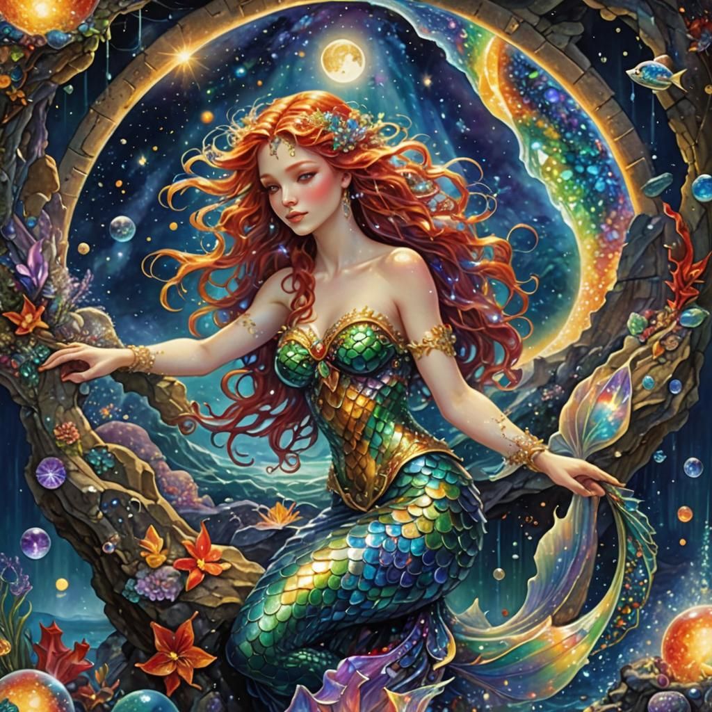 Ethereal Mermaid with Rainbow Wings, Digital Painting