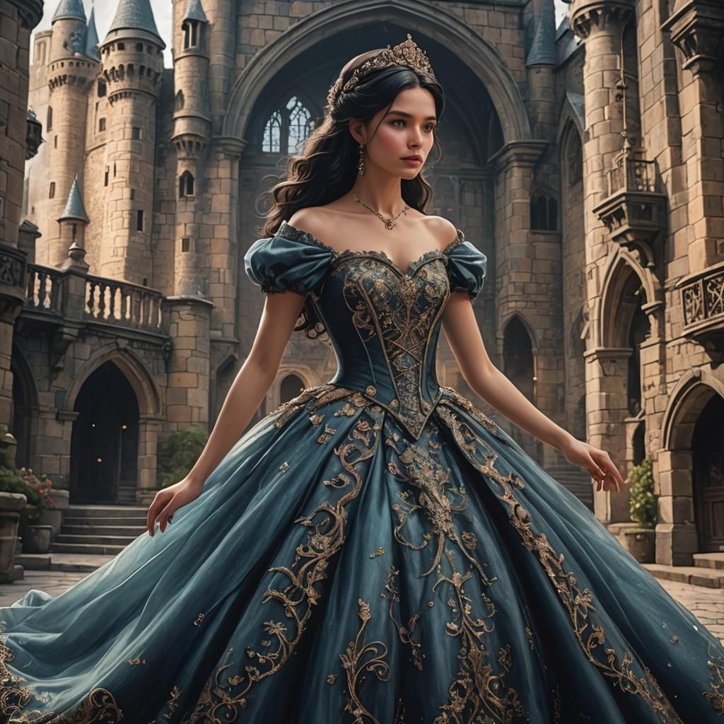 Fantasy Castle Scene with Two Girls in Gowns