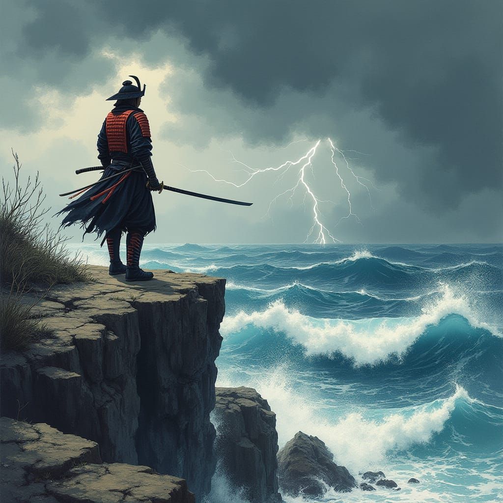 Samurai on Cliff in Japanese Ink Painting Style
