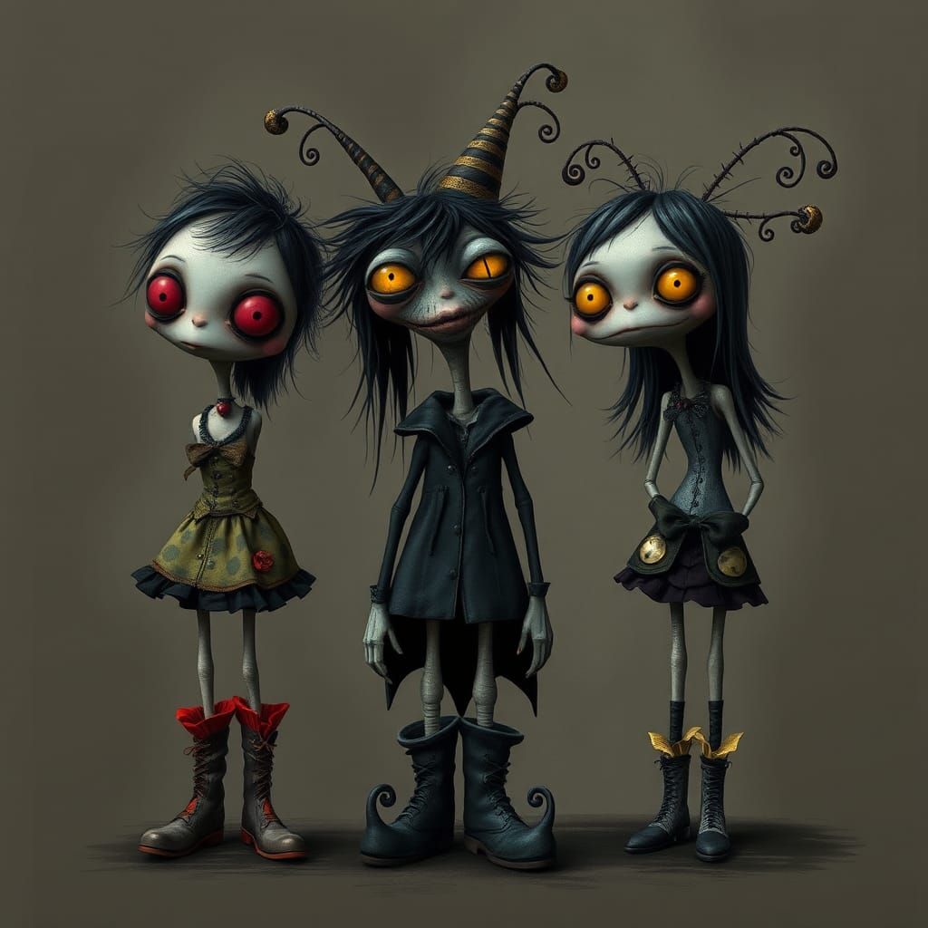 Surreal Gothic Characters in Whimsical Setting
