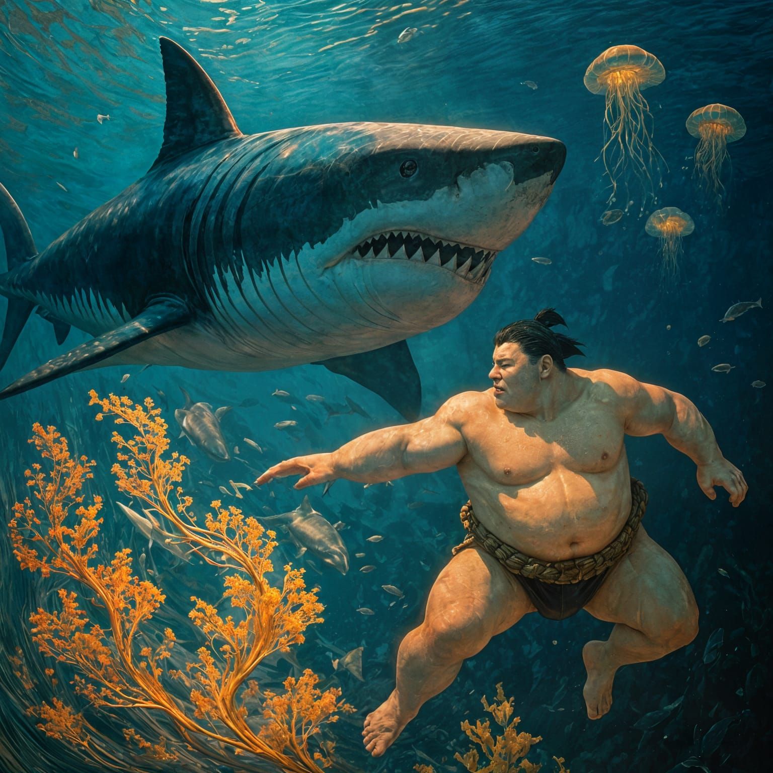 Great White Shark and Sumo Wrestler in Sea