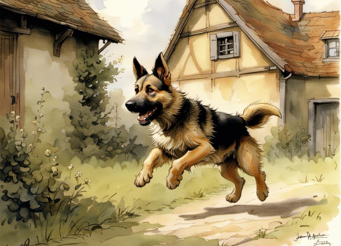 Alsatian Dog Runs in Backyard, Fairytale Art
