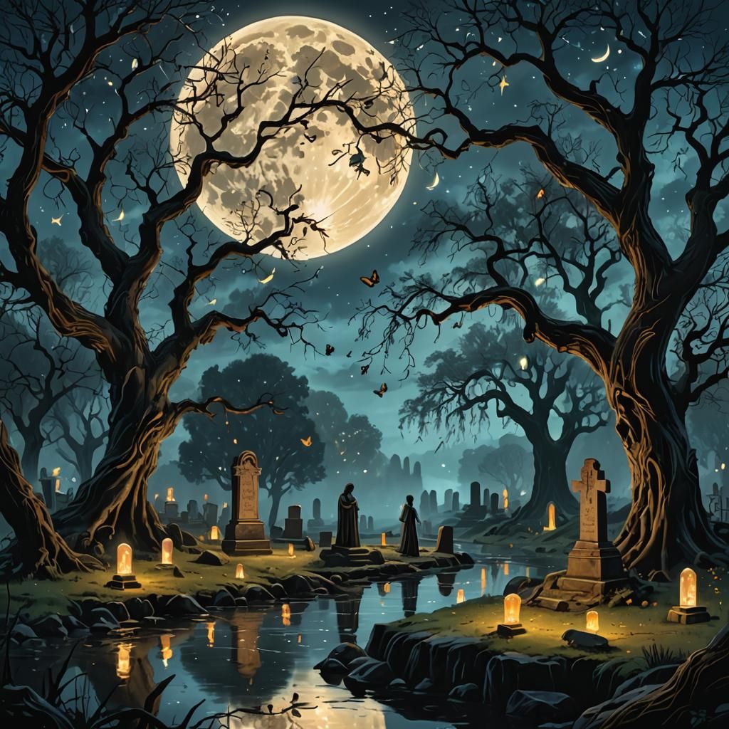 Mystical Graveyard Scene at Night with Waterfall