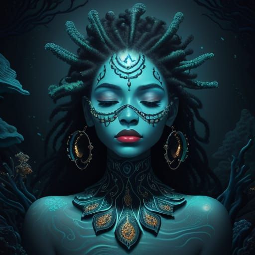 Surreal Obsidian Face in Bioluminescent Reef Oil Painting