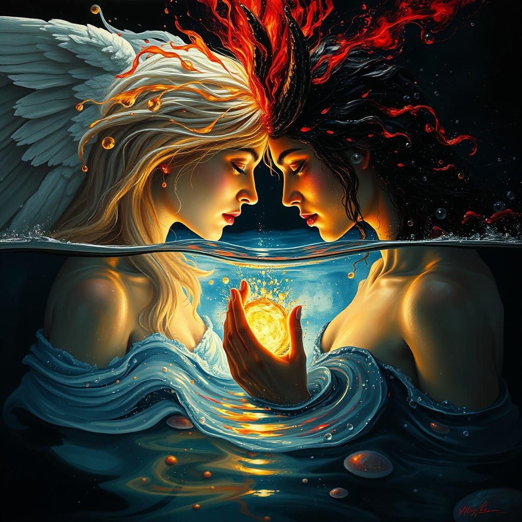 Ethereal Angel and Demon Entwined in the Ocean's Depths