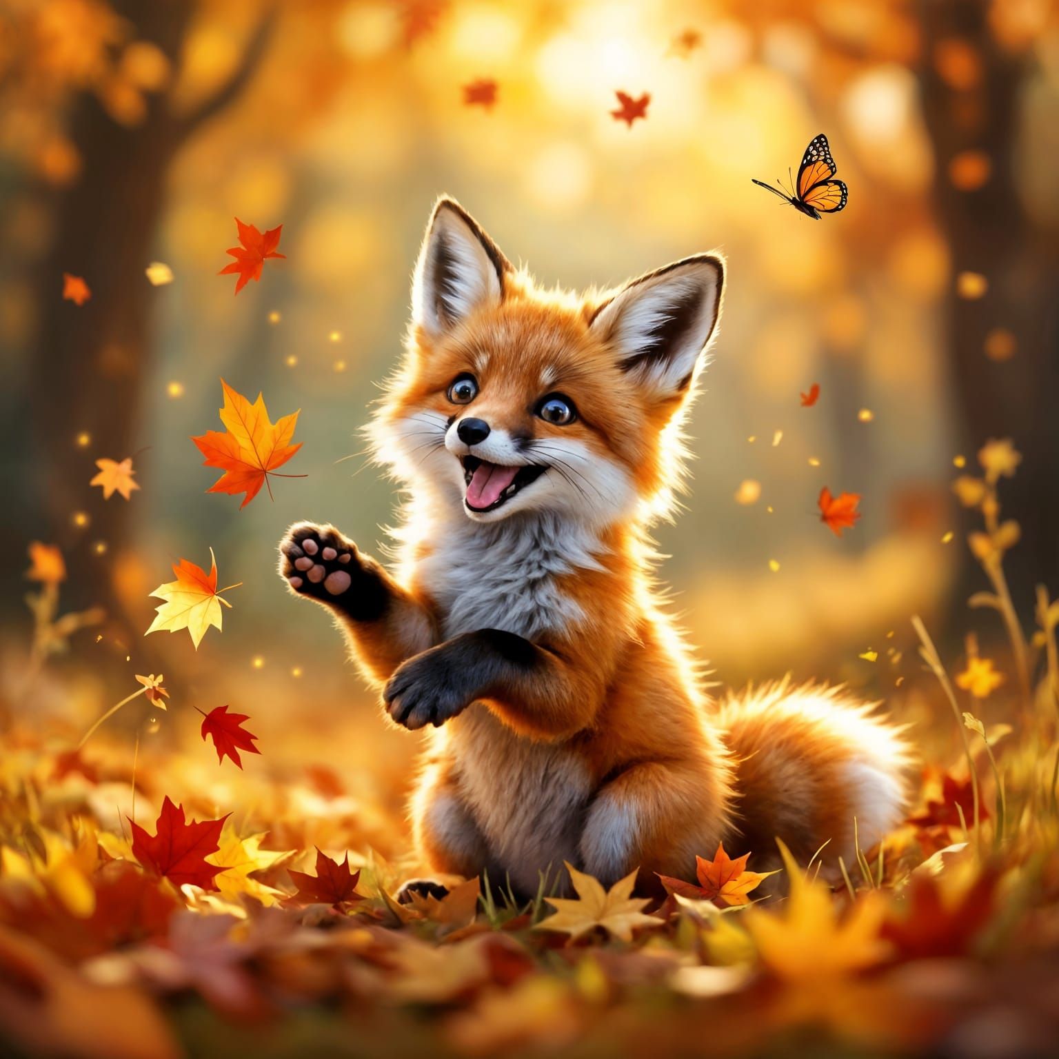 Cute Baby Fox Catches Autumn Leaves in Forest