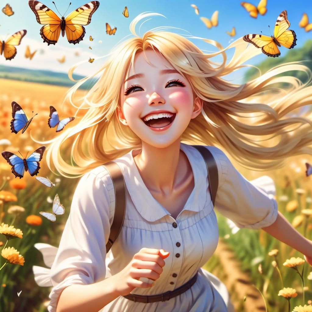 Happy Anime Girl Chasing Butterflies in Dreamlike Field