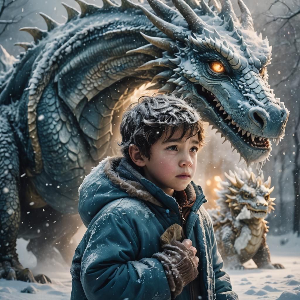 Child Protected by Snow Dragon in Blizzard
