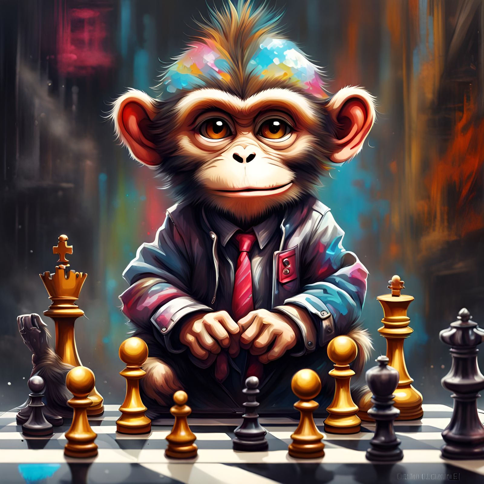 Chibi Monkey Plays Chess in Graffiti Street Art
