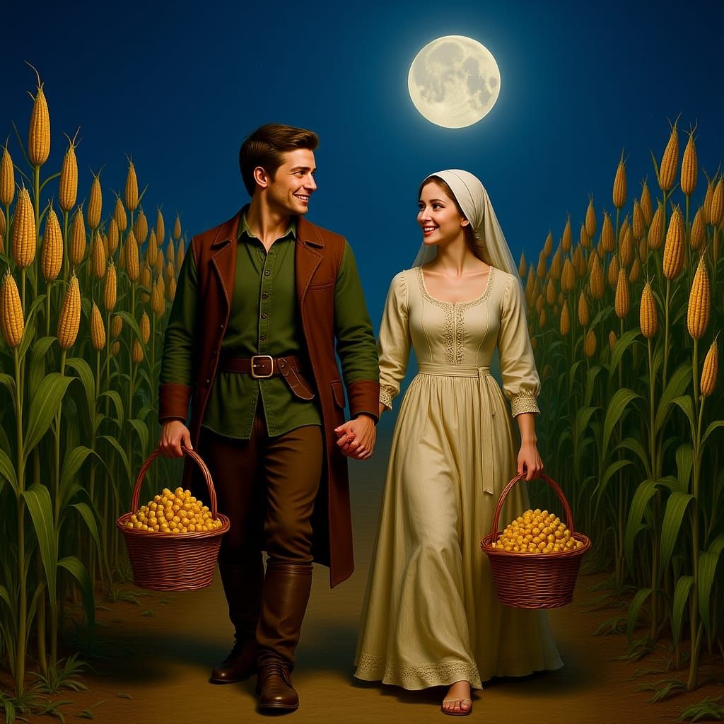 Medieval Farmers Under Harvest Moon, Hyperrealistic Style
