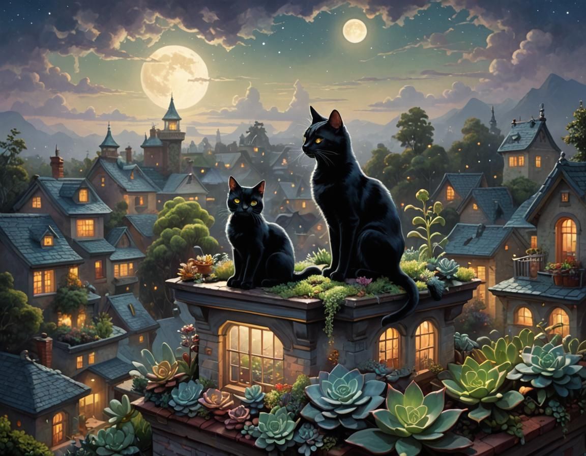 Black Cat in Moonlight Succulent Garden