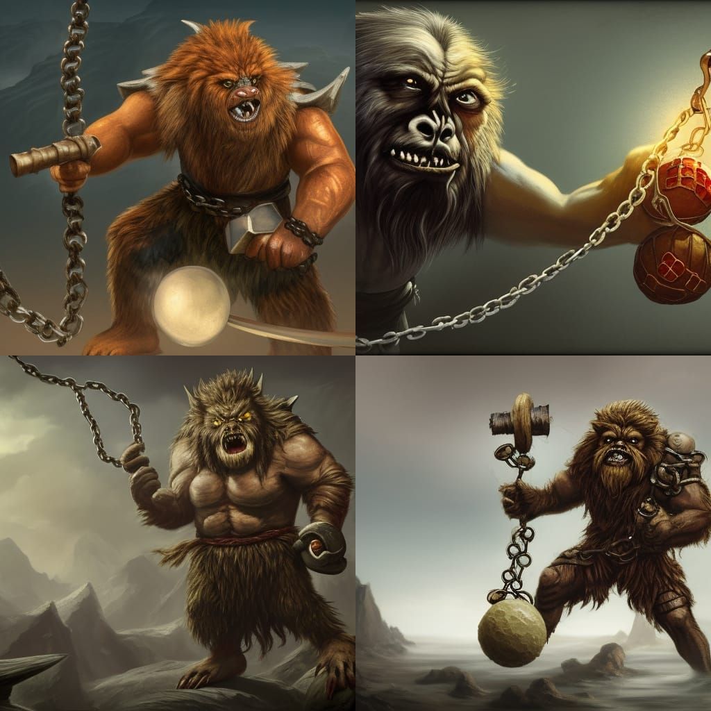 Bugbear Warrior with Ball-and-Chain, Fantasy Art
