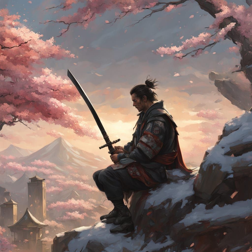 Samurai Meditating on Snowy Peak in Digital Art Style