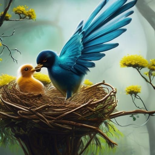 Bird Feeding Baby in Nest: Detailed Matte Painting