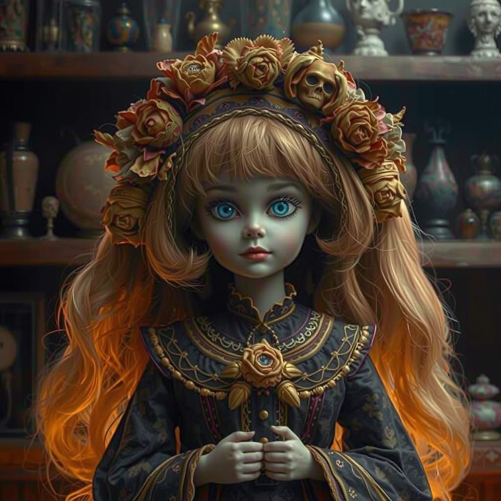 Creepy Doll in Antique Shop: Digital Splash Art