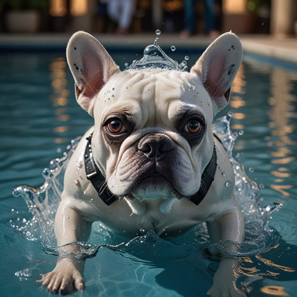 French Bulldog Wears Shark Fin Costume in Sparkling Pool