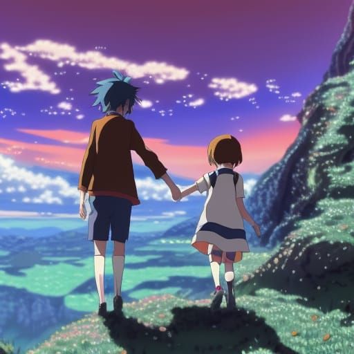 Anime Couple Walks to Magical Castle