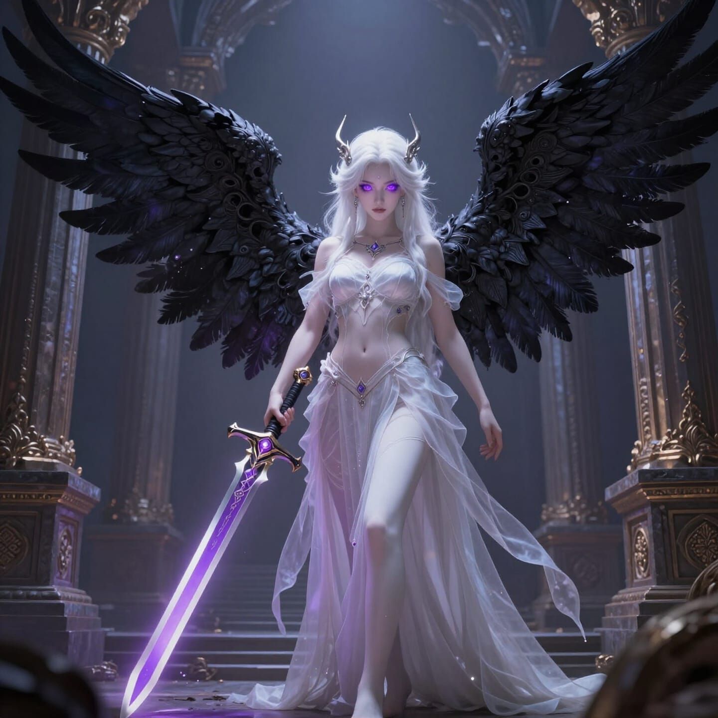 Angel Warrior in Temple Ruins with Purple Sword