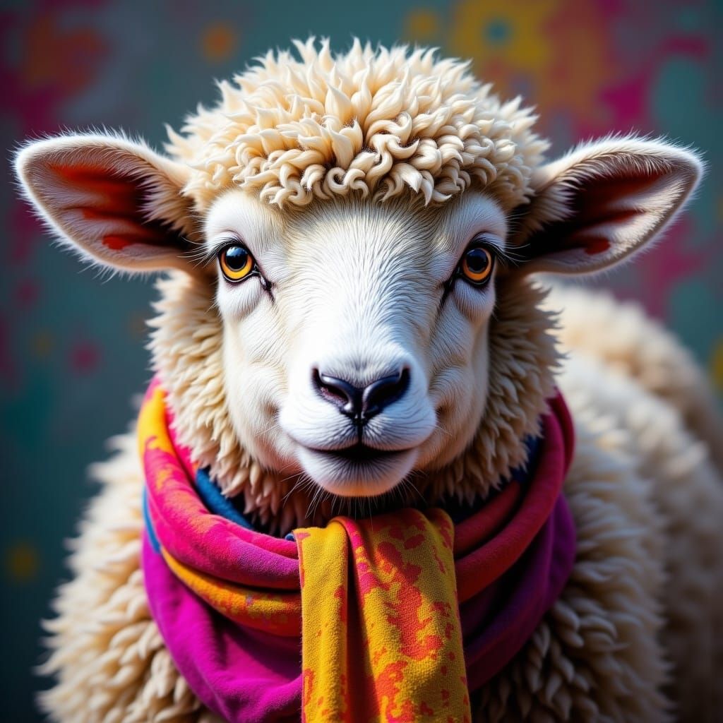 Mischievous Sheep Chewing Scarf in Vaporwave Style