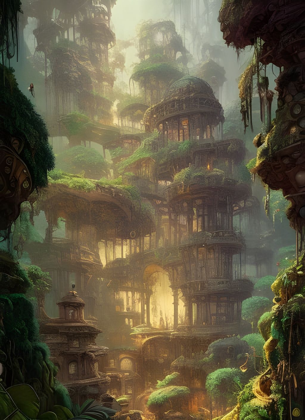 Ancient Cityscape in Jungle Cave: Watercolor Splash Art
