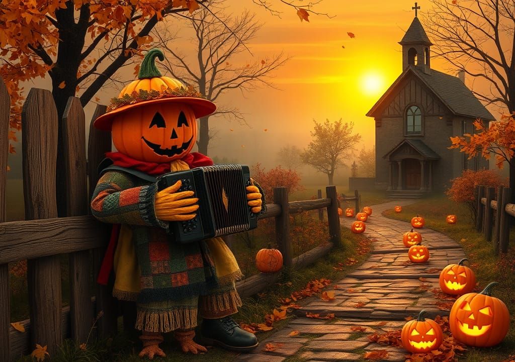Enchanting Autumn Scene: Pumpkin Scarecrow's Halloween Celeb...