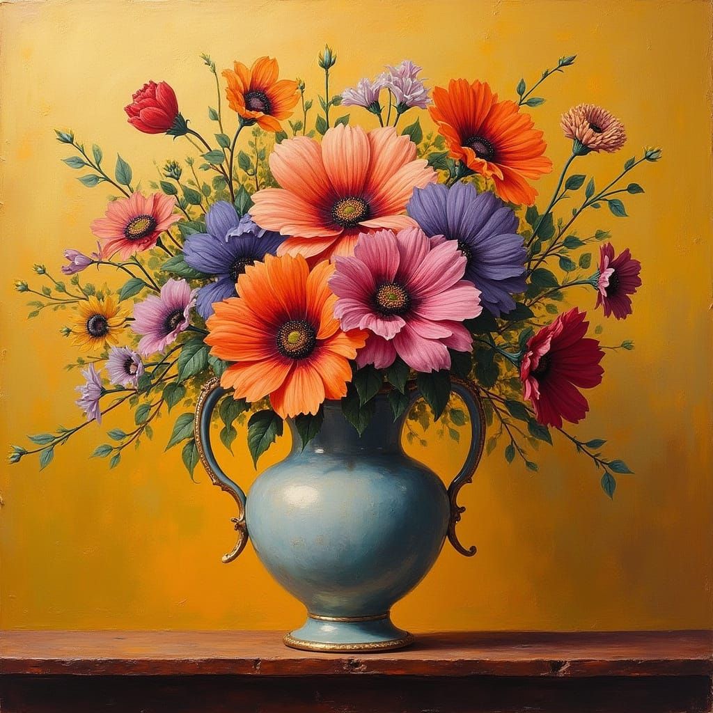 Exotic Flowers in Antique Vase as Impasto Oil Painting