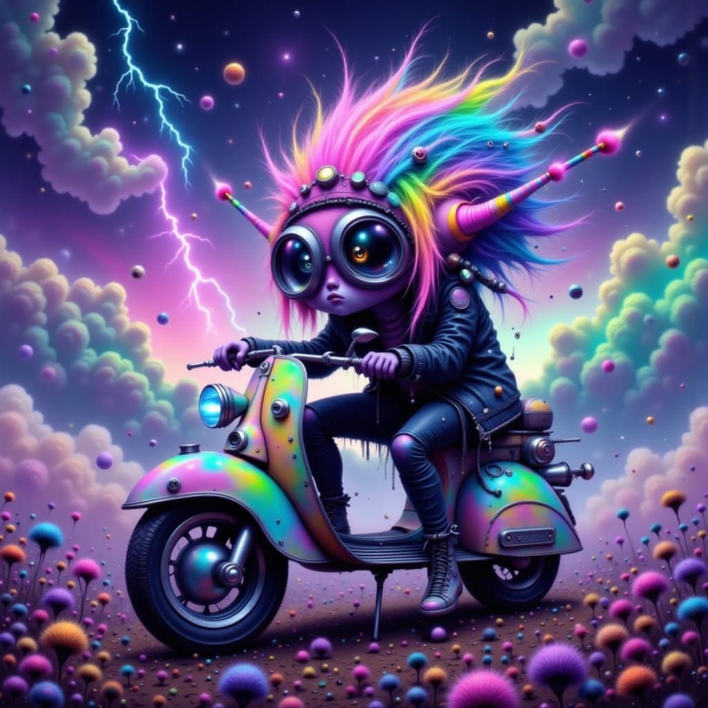 Giant Alien on Vespa in Retro-Futuristic Style