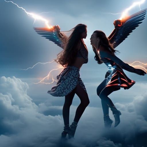 Angels Playfully Throwing Lightning Bolts in Clouds