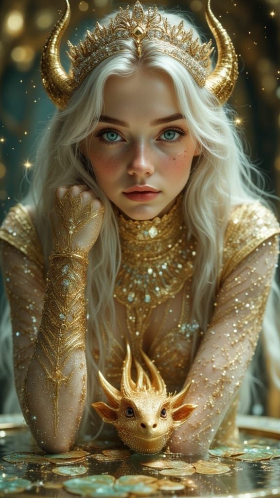 Otherworldly Woman with Golden Horns and Dragon