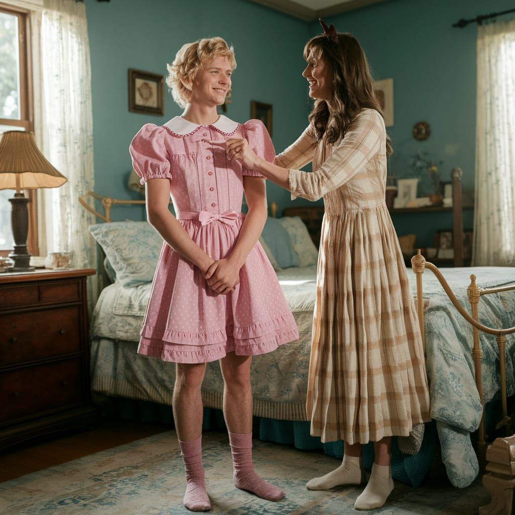 Woman Assists Man in Dressing in a Minidress