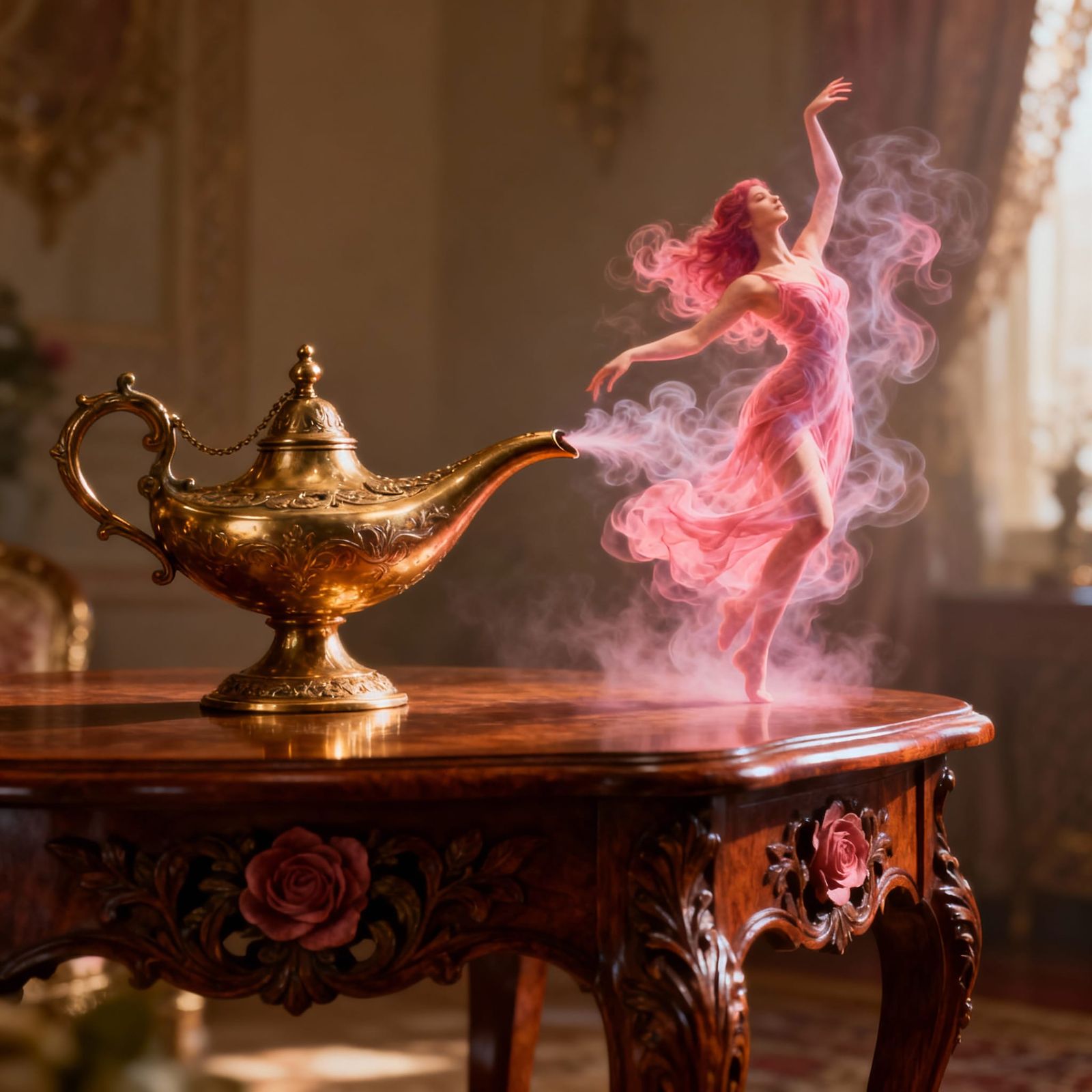 Ethereal Smoke Woman Emerges from Vintage Lamp