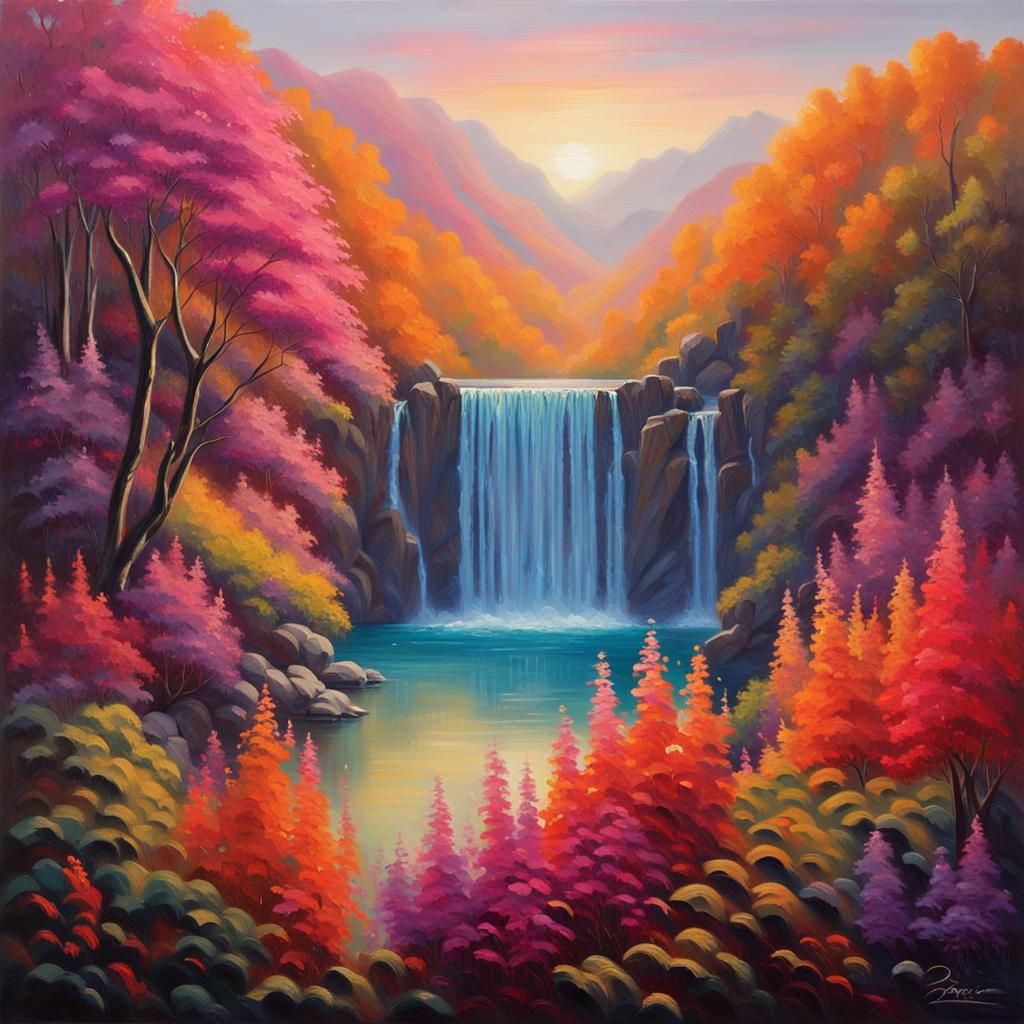 Waterfall in Hidden Valley: Triadic Oil Painting