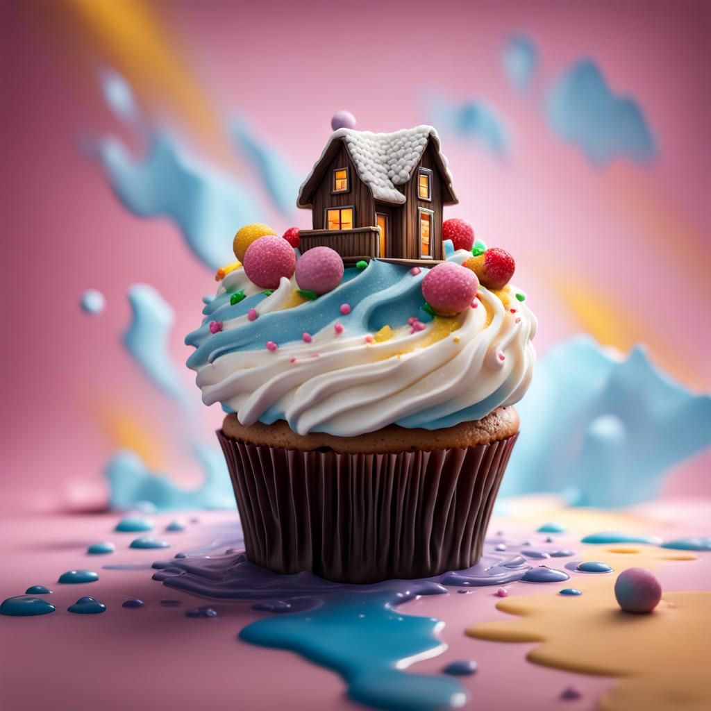 Hyperrealistic Cupcake Topped with Tiny Frosting Village