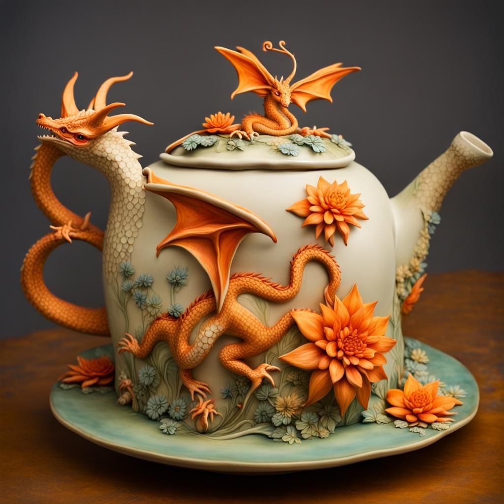 Whimsical Ceramic Dragon Teapot with Sunset Flowers