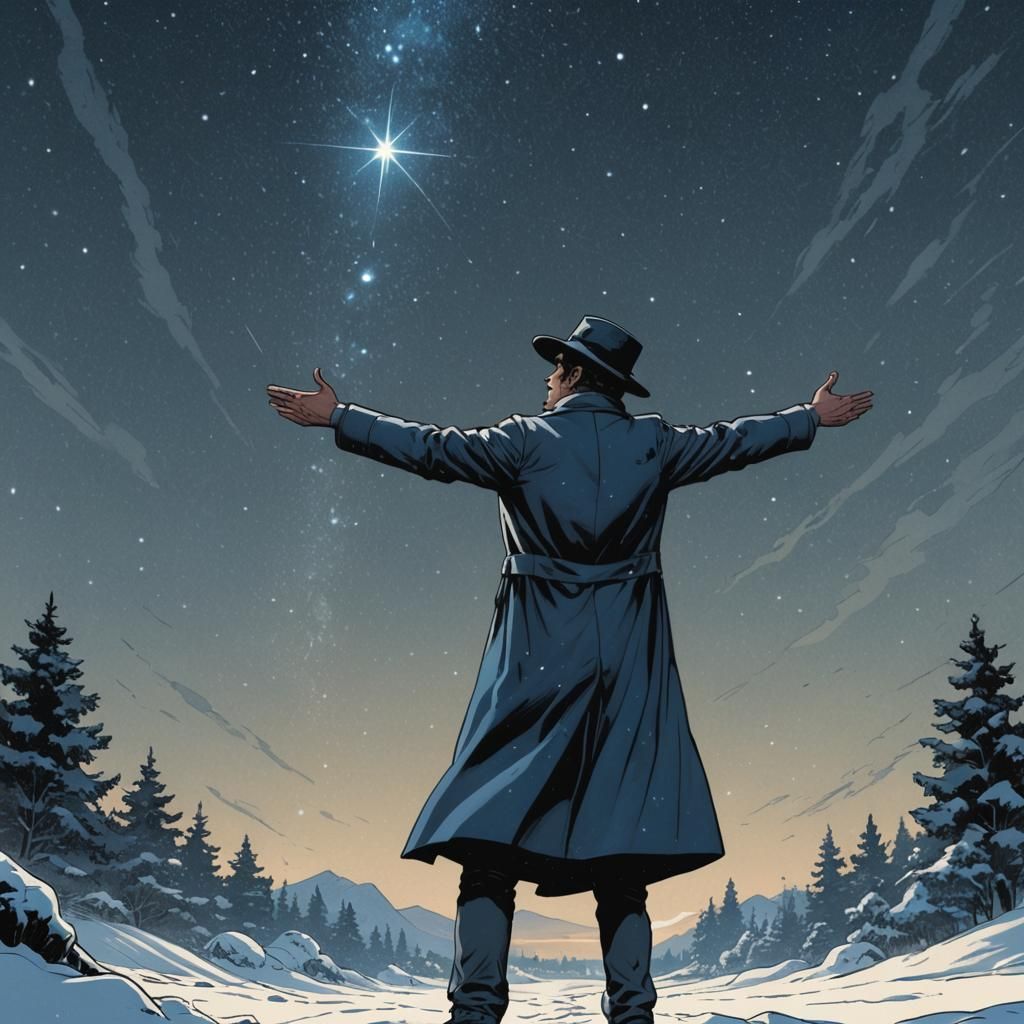 Figure Gazing at Stars in Comic Book Style